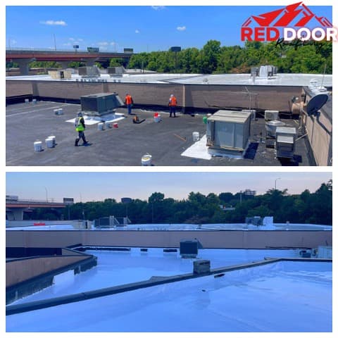 Commercial flat roof coating in progress with crew, and the finished blue reflective surface