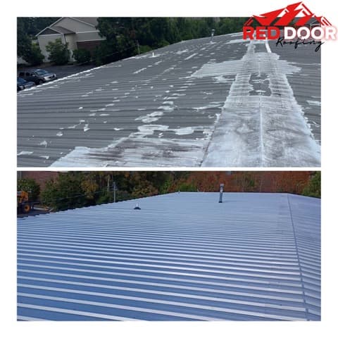 Metal roof before and after - faded oxidized panels to fully restored coating